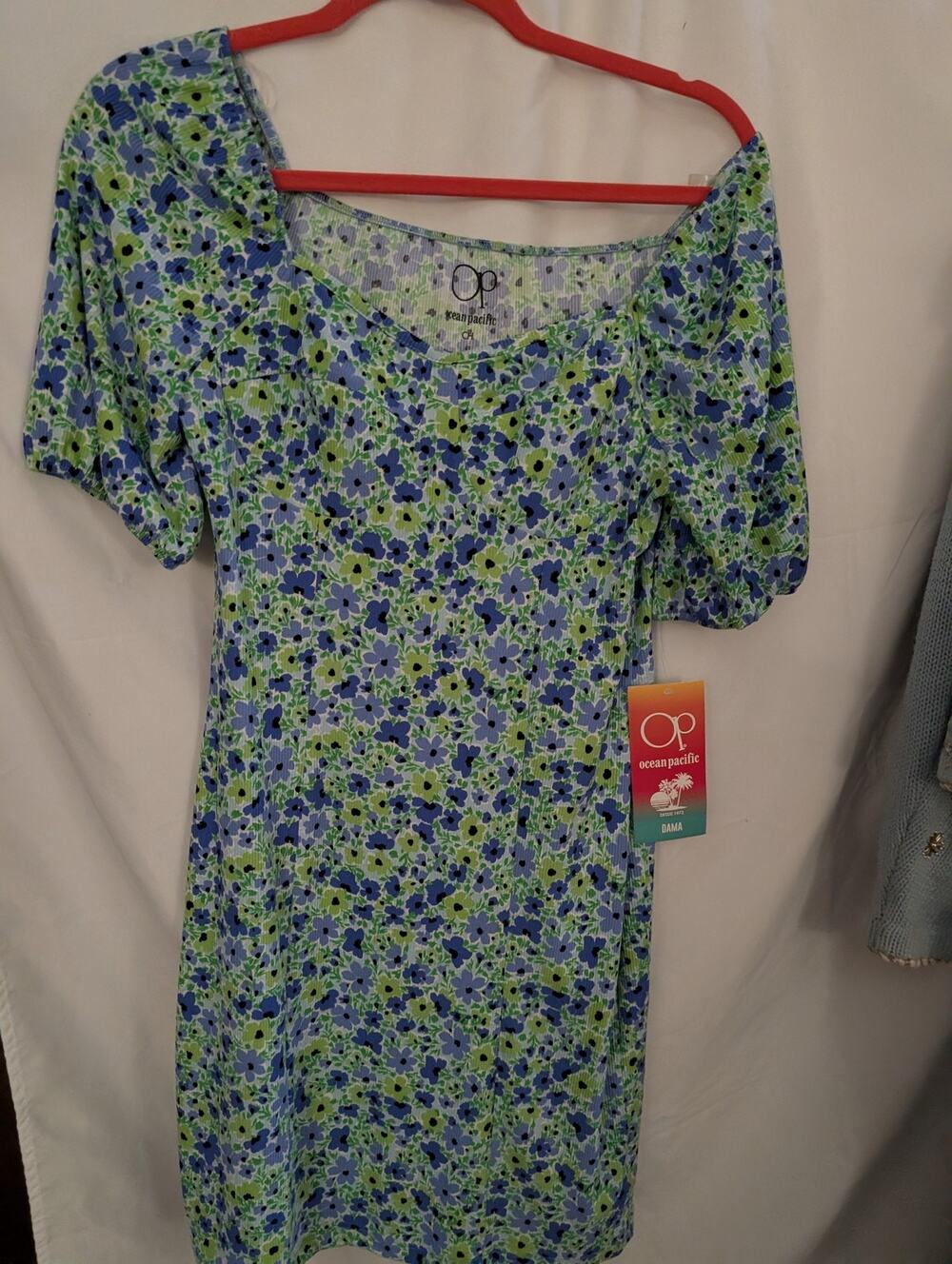 Ocean Pacific Women's Small Floral Ribbed Square Neck Puff Sleeve Mini Dress NWT